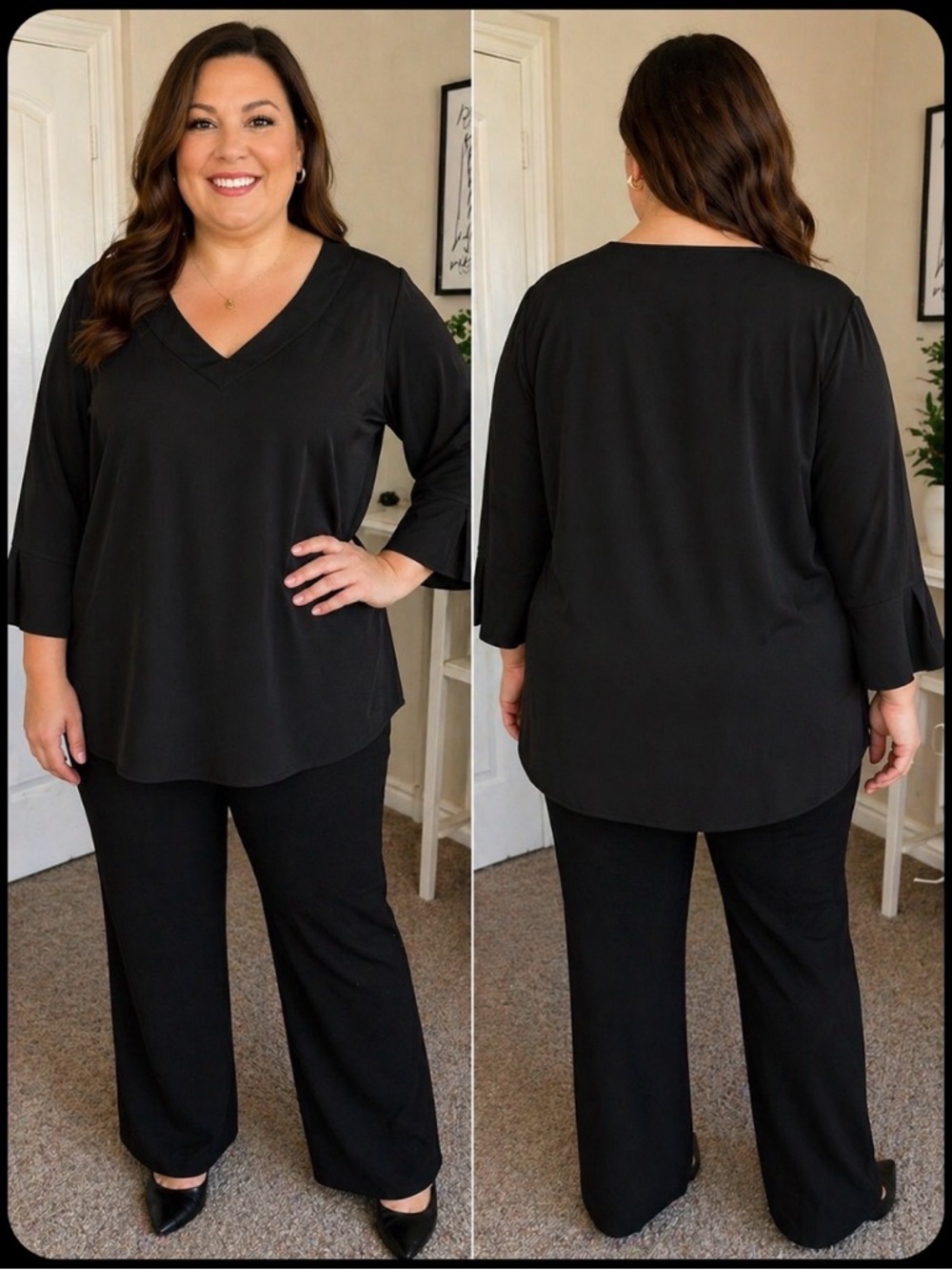 Maggie Barnes 5X Black Blouse Plus Size Flowy Career Top 3/4 Sleeve Minimal Chic